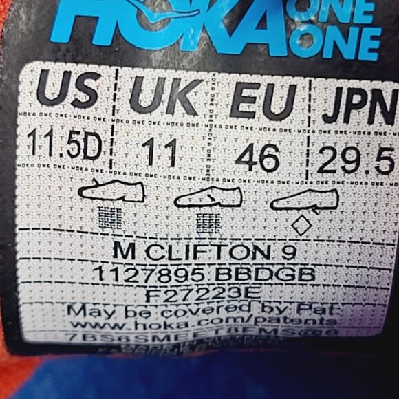 Hoka One One Men's Dazzling Blue Red Clifton 9 Athletic Running Shoes Size 11.5D - Picture 7 of 8